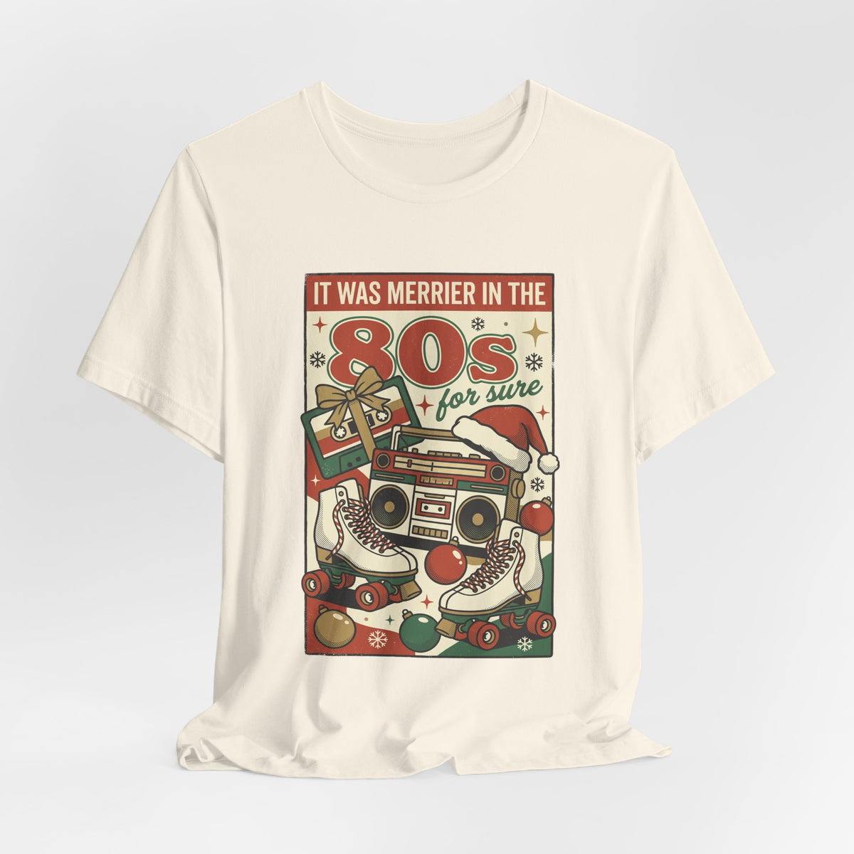 80s Christmas Nostalgia Tee, Retro Boombox and Ornaments