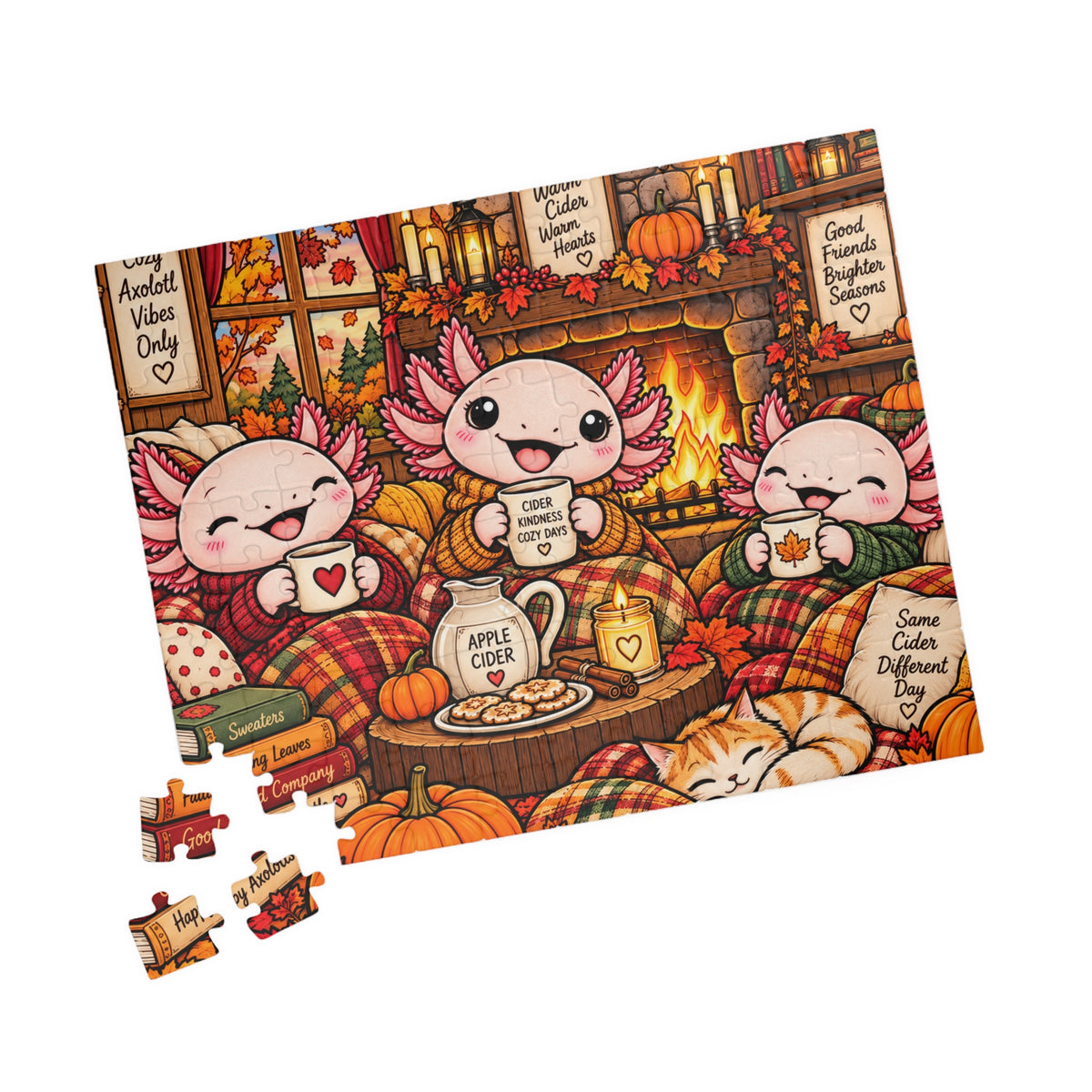 Cozy Autumn Axolotl Puzzle – Cider, Cats & Fireplace