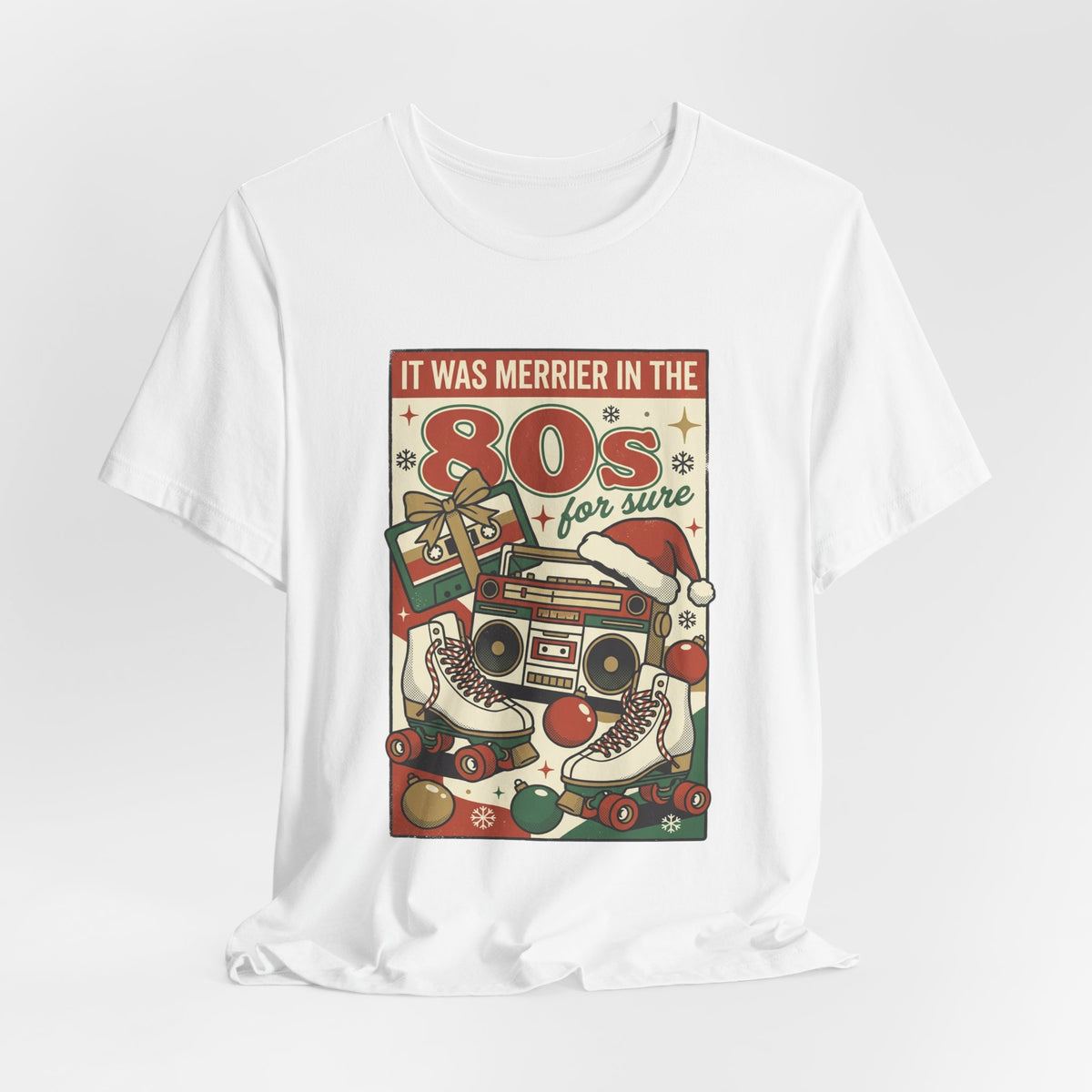80s Christmas Nostalgia Tee, Retro Boombox and Ornaments