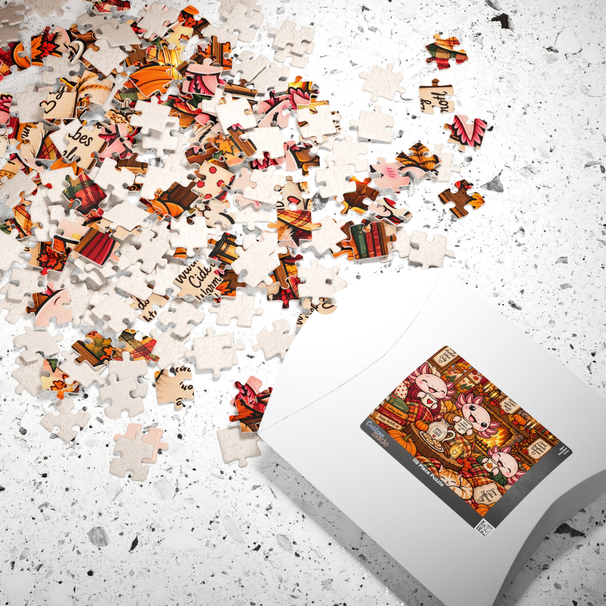 Cozy Autumn Axolotl Puzzle – Cider, Cats & Fireplace