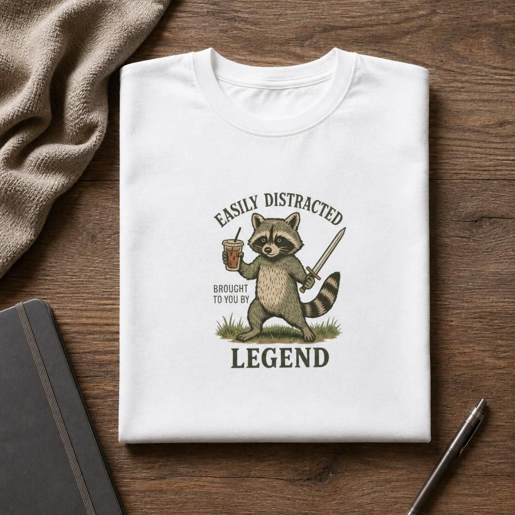 Raccoon with Sword and Iced Coffee - ADHD Neurodivergent T-Shirt