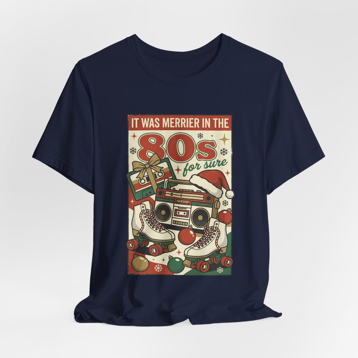 80s Christmas Nostalgia Tee, Retro Boombox and Ornaments